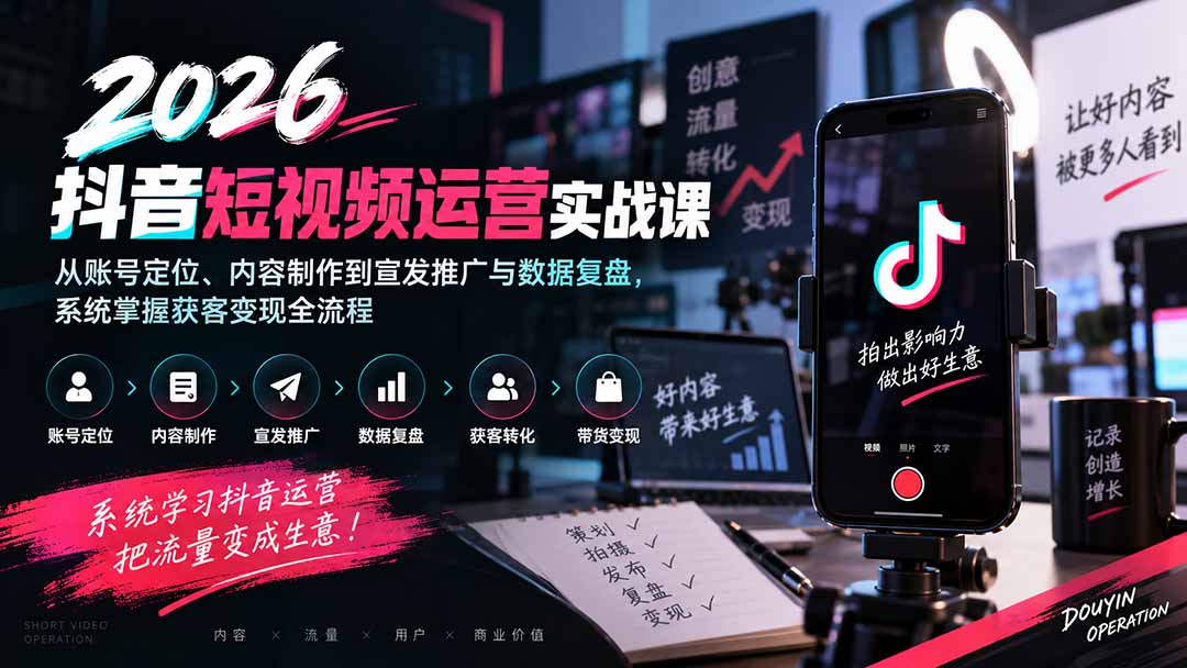 2026抖音短视频运营实战课：从账号定位、内容制作到宣发推广与数据复盘，系统掌握获客变现全流程-资源后花园