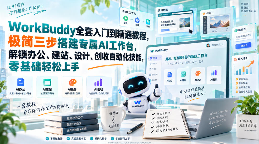 WorkBuddy全套入门到精通教程，极简三步搭建专属AI工作台，解锁办公、建站、设计、创收自动化技能，零基础轻松上手-资源后花园