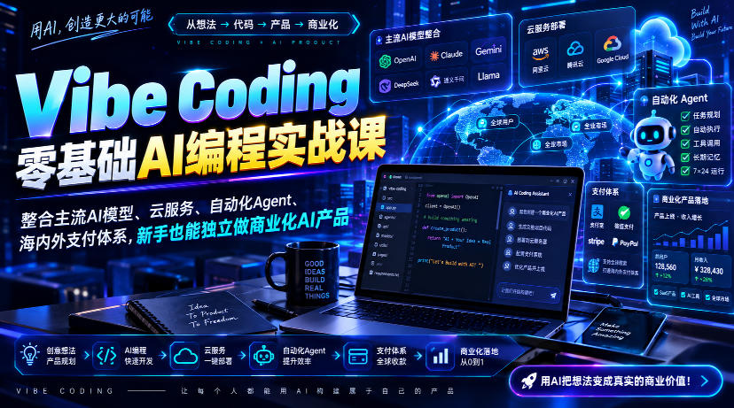 Vibe Coding零基础AI编程实战课-无水印，整合主流AI模型、云服务、自动化Agent、海内外支付体系，新手也能独立做商业化AI产品-资源后花园