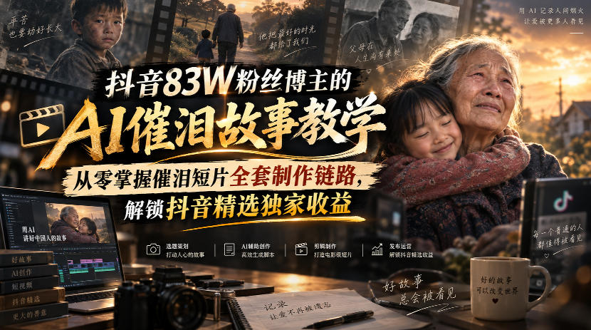 抖音83W粉丝博主的AI催泪故事教学，从零掌握催泪短片全套制作链路，解锁抖音精选独家收益-资源后花园