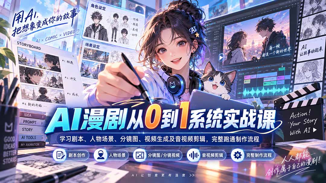 AI漫剧从0到1系统实战课：学习剧本、人物场景、分镜图、视频生成及音视频剪辑，完整跑通制作流程-资源后花园