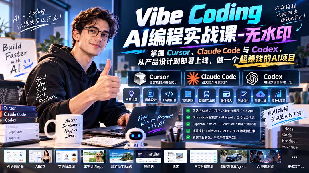 Vibe Coding AI编程实战课-无水印：掌握Cursor、Claude Code与Codex，从产品设计到部署上线，做一个超赚钱的AI项目