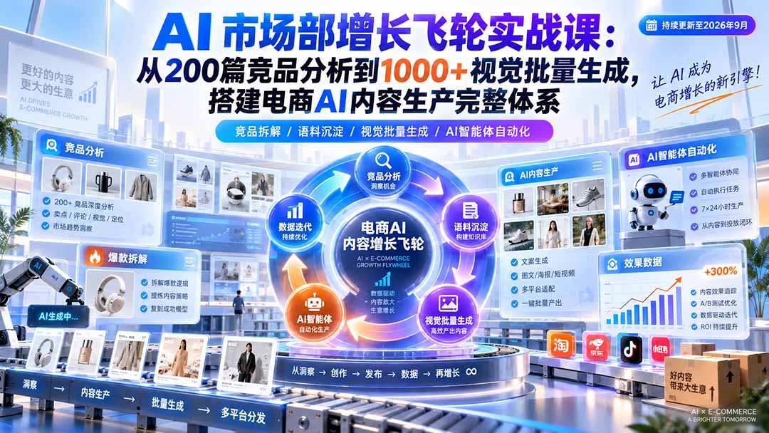 AI 市场部增长飞轮实战课：从200篇竞品分析到1000+视觉批量生成，搭建电商AI内容生产完整体系-资源后花园