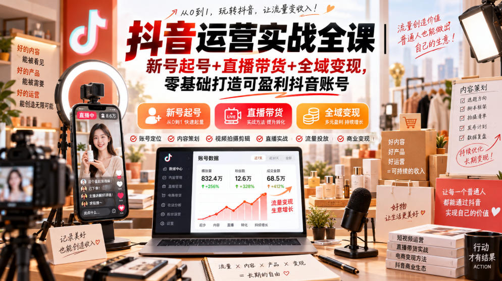 抖音运营实战全课｜新号起号+直播带货+全域变现，零基础打造可盈利抖音账号-资源后花园