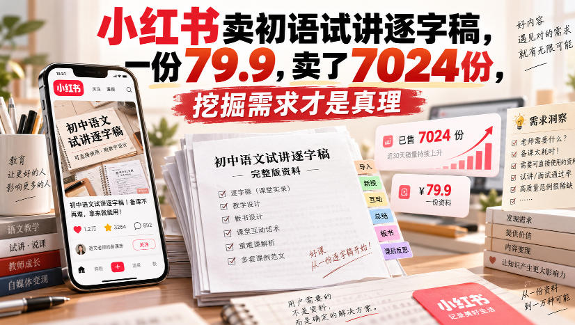 小红书卖初语试讲逐字稿，一份79.9，卖了7024份，挖掘需求才是真理-资源后花园
