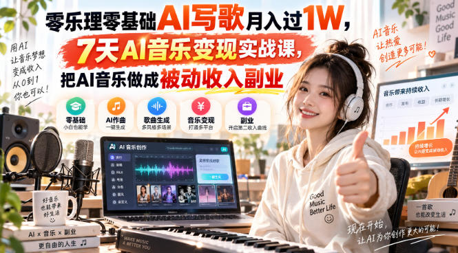 零乐理零基础AI写歌月入过1W，7天AI音乐变现实战课，把AI音乐做成被动收入副业-资源后花园