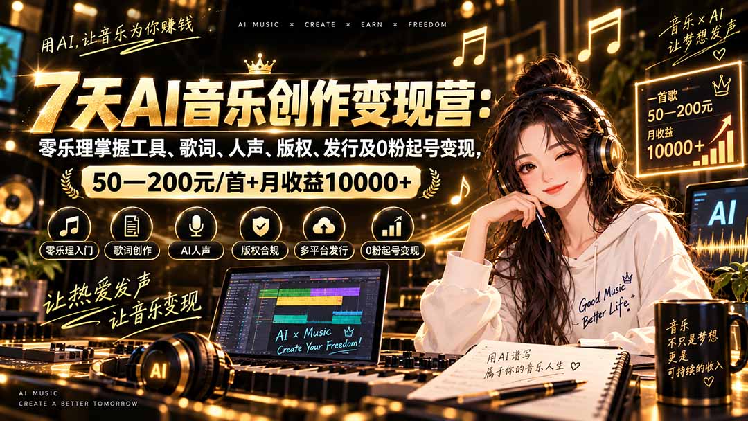 AI音乐创作变现营：零乐理掌握工具、歌词、人声、版权、发行及0粉起号变现，50—200元/首+月收益10000+-资源后花园