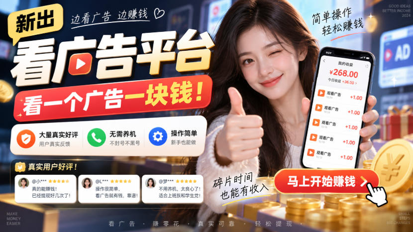 新出看广告平台，看一个广告一块钱，大量真实好评！无需养机、不会黑号，操作简单【揭秘】-资源后花园
