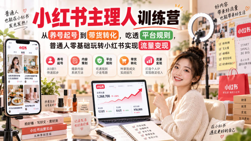 小红书主理人训练营，从养号起号到带货转化，吃透平台规则，普通人零基础玩转小红书实现流量变现-资源后花园