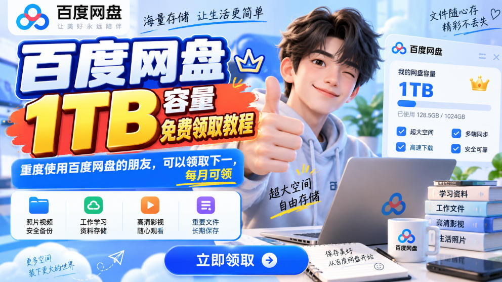 百度网盘1TB容量免费领取教程，重度使用百度网盘的朋友，可以领取下一，每月可领-资源后花园