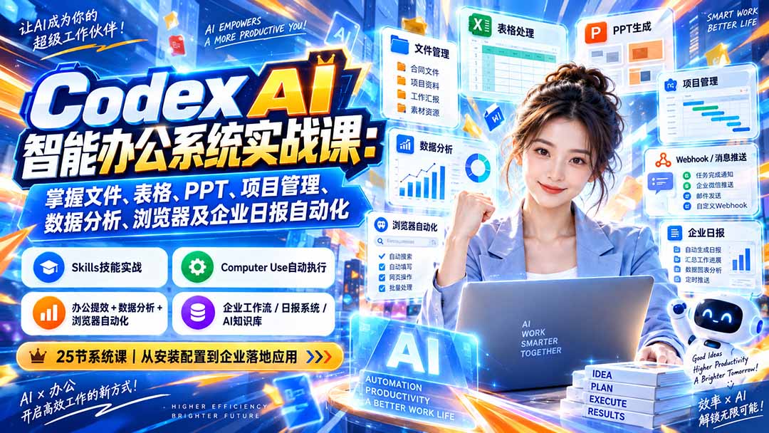 Codex AI智能办公系统实战课：掌握文件、表格、PPT、项目管理、数据分析、浏览器及企业日报自动化-资源后花园