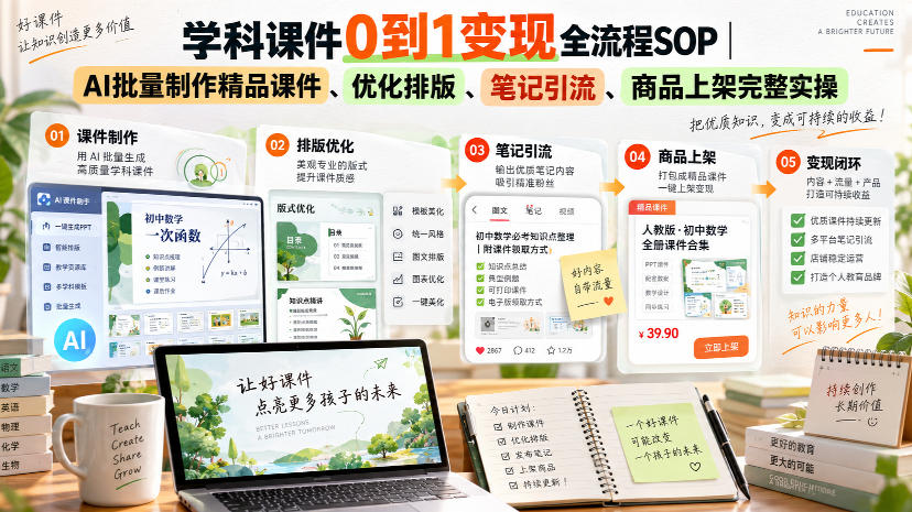 学科课件0到1变现全流程SOP｜AI批量制作精品课件、优化排版、笔记引流、商品上架完整实操​-资源后花园