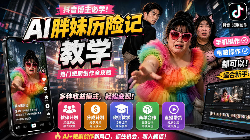 抖音博主的AI胖妹历险记教学，伙伴计划+分成计划+收徒+商单等多种收益，适合新手，手机电脑都可以操作-资源后花园