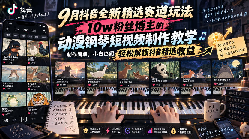 9月抖音全新精选赛道玩法，10w粉丝博主的动漫钢琴短视频制作教学，制作简单，小白也能轻松解锁抖音精选收益-资源后花园