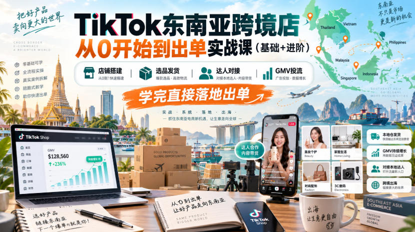 TikTok东南亚跨境店从0开始到出单实战课(基础+进阶)，店铺搭建、选品发货、达人对接、GMV投流，学完直接落地出单-资源后花园