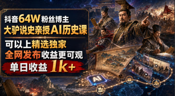抖音64W粉丝博主大驴说史亲授AI历史课，可以上精选独家，全网发布收益更可观，单日收益1k+(更新)-资源后花园