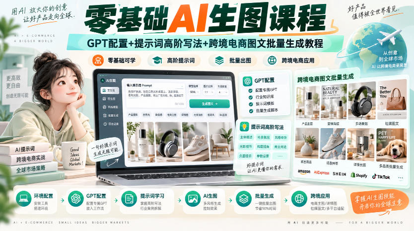 零基础AI生图课程，GPT配置+提示词高阶写法+跨境电商图文批量生成教程-资源后花园