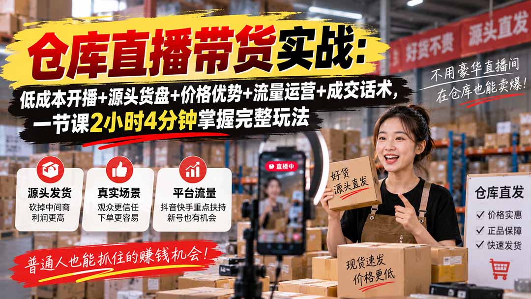 仓库直播带货实战：低成本开播+源头货盘+价格优势+流量运营+成交话术，一节课2小时4分钟掌握完整玩法-资源后花园