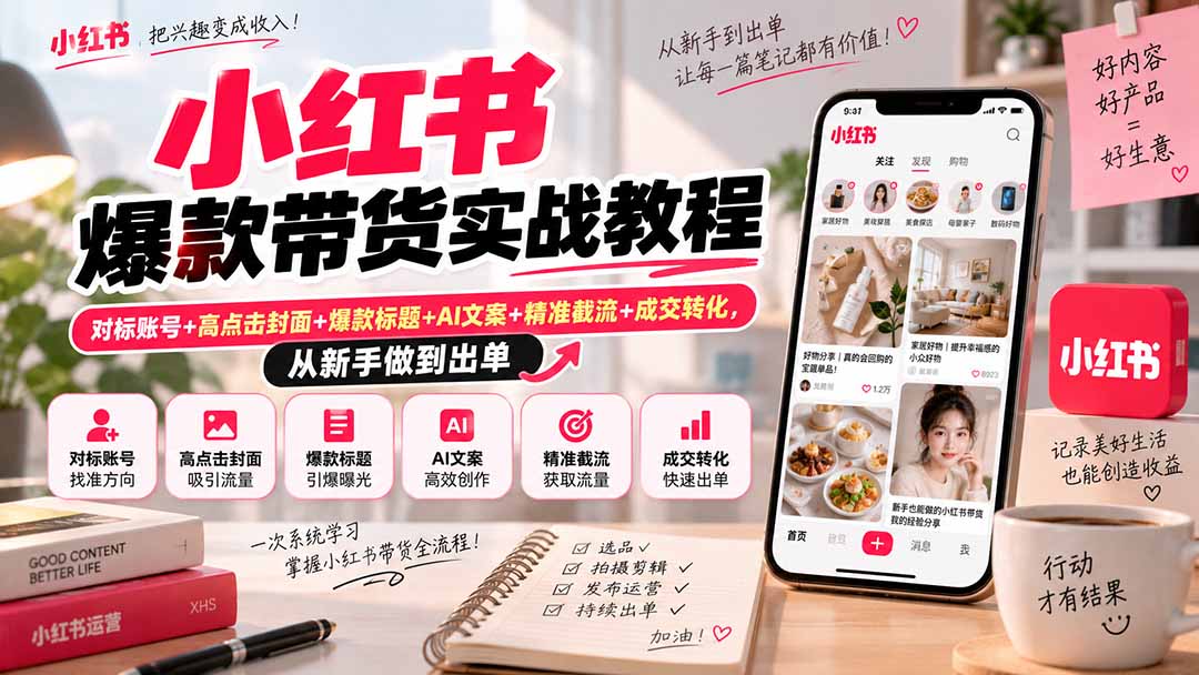 小红书爆款带货实战教程｜对标账号+高点击封面+爆款标题+AI文案+精准截流+成交转化，从新手做到出单-资源后花园