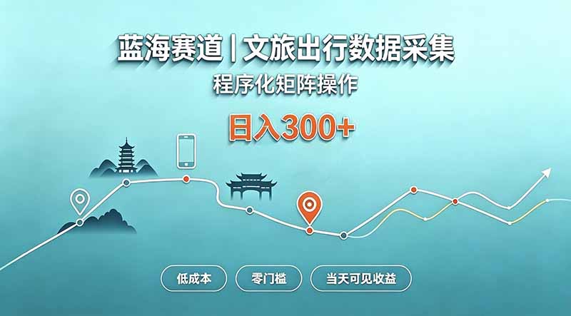 蓝海赛道  文旅出行数据采集  程序化矩阵操作    低成本  零门槛   当天可见收益   日入300+-资源后花园