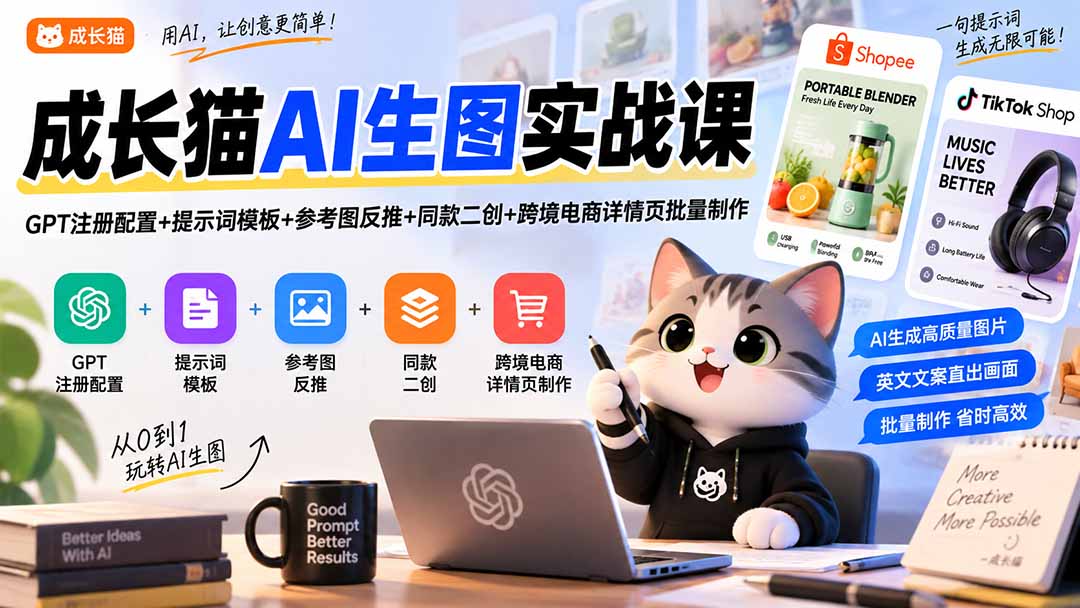 成长猫AI生图实战课｜GPT注册配置+提示词模板+参考图反推+同款二创+跨境电商详情页批量制作-资源后花园