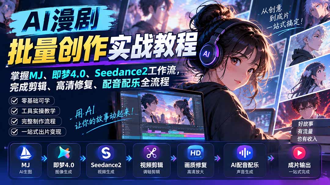 AI漫剧批量创作实战教程：掌握MJ、即梦4.0、Seedance2工作流，完成剪辑、高清修复、配音配乐全流程-资源后花园