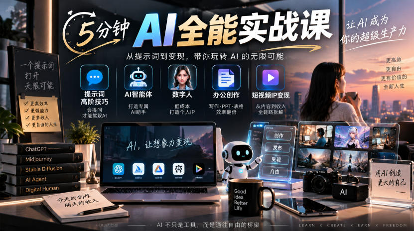 5分钟AI全能实战课｜提示词高阶技巧+AI智能体+数字人+办公创作+短视频IP变现全教程-资源后花园