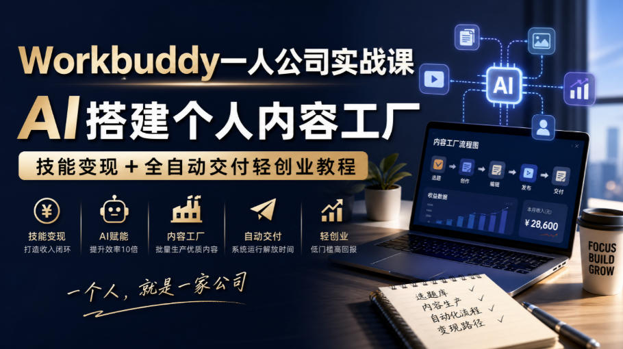 Workbuddy一人公司实战课，AI搭建个人内容工厂，技能变现+全自动交付轻创业教程​-资源后花园