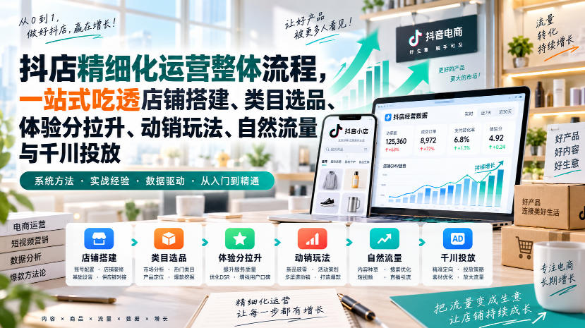 李哥电商-抖店精细化运营整体流程，一站式吃透店铺搭建、类目选品、体验分拉升、动销玩法、自然流量与千川投放-资源后花园