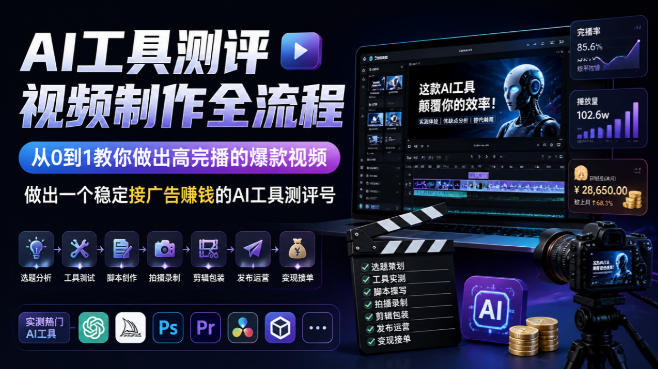 AI工具测评视频制作全流程，从0到1教你做出高完播的爆款视频，做出一个稳定接广告賺钱的AI工具测评号-资源后花园