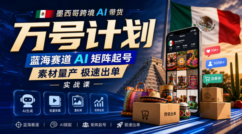 墨西哥跨境AI带货万号计划，蓝海赛道AI矩阵起号，素材量产极速出单实战课-资源后花园