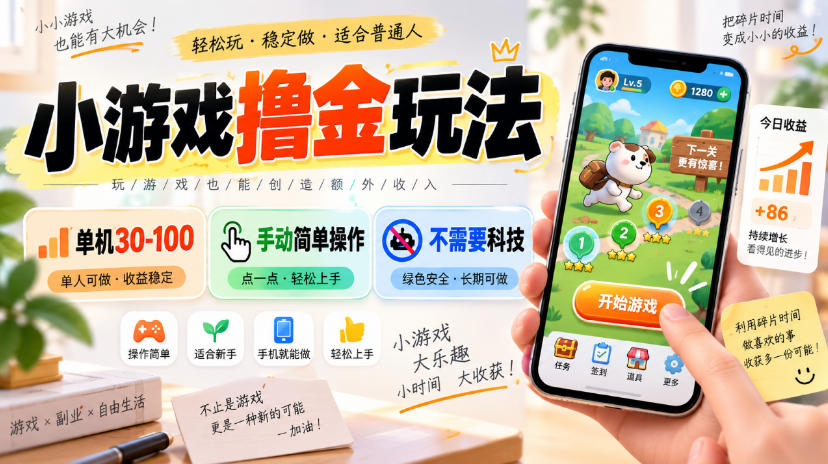 小游戏撸金玩法，单机30-100，手动简单操作，不需要科技-资源后花园