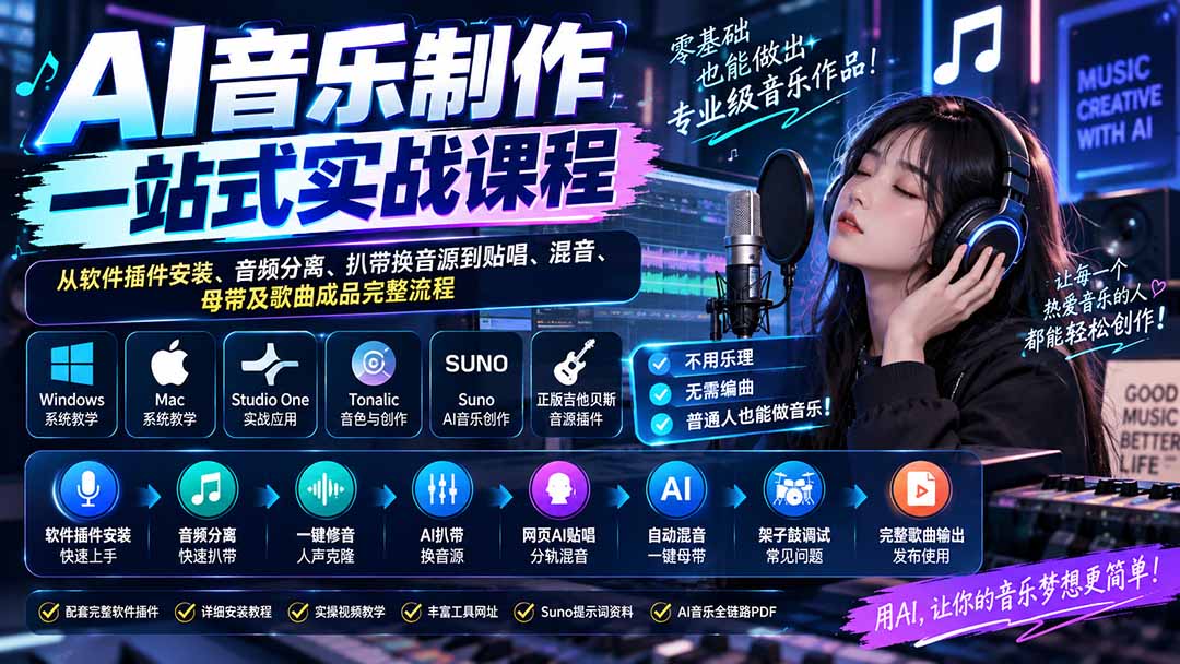 AI音乐制作一站式实战课程：从软件插件安装、音频分离、扒带换音源到贴唱、混音、母带及歌曲成品完整流程-资源后花园