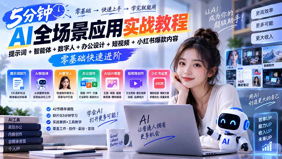 AI全场景应用实战教程｜提示词+智能体+数字人+办公设计+短视频+小红书爆款内容，零基础快速进阶-资源后花园
