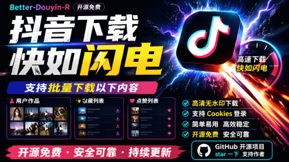 超级好用！抖音视频下载神器，支持批量下载用户作品收藏列表和点赞列表，开源完全免费Better-douyin-R-资源后花园
