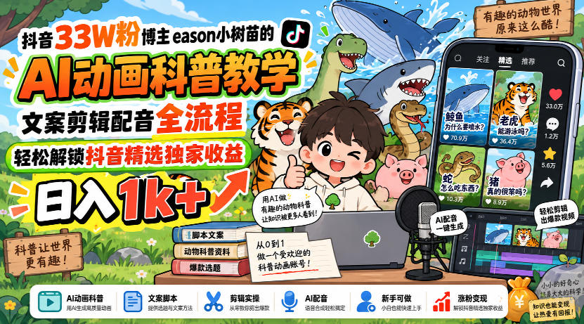 抖音33W粉博主eason小树苗的AI动画科普教学，文案剪辑配音全流程，轻松解锁抖音精选独家收益，日入1k+-资源后花园