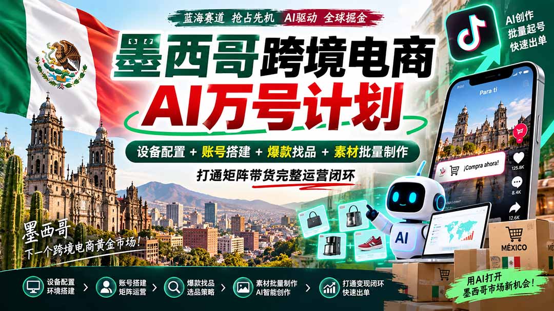 墨西哥AI跨境电商万号计划｜设备配置+账号搭建+爆款找品+素材批量制作，打通矩阵带货完整运营闭环-资源后花园