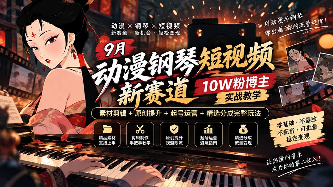9月动漫钢琴短视频新赛道｜10W粉博主实战教学，素材剪辑+原创提升+起号运营+精选分成完整玩法-资源后花园