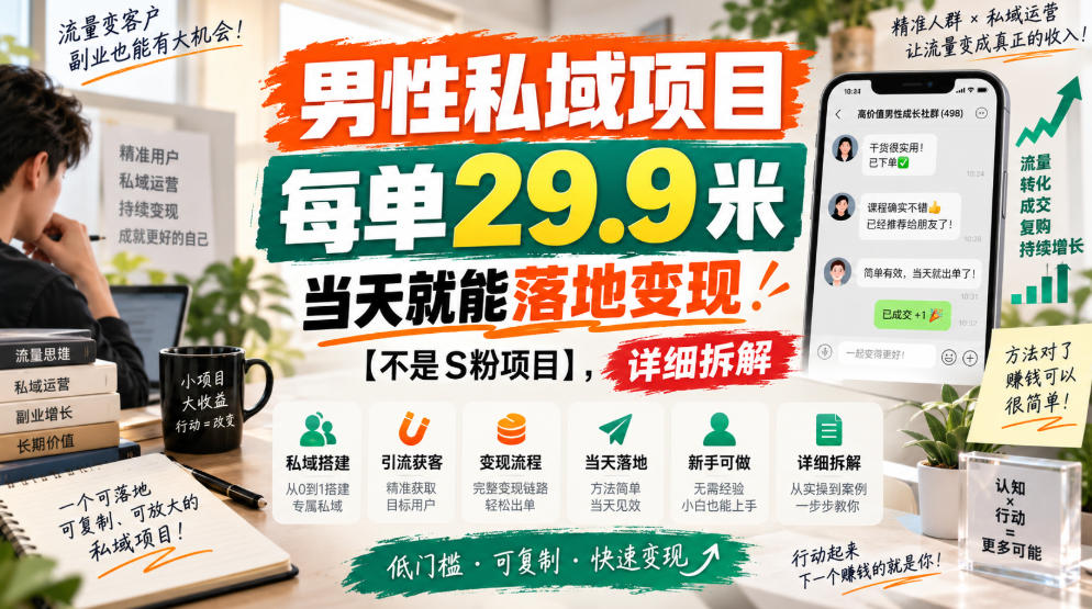 男性私域项目，每单29.9米，当天就能落地变现【不是S粉项目】，详细拆解-资源后花园