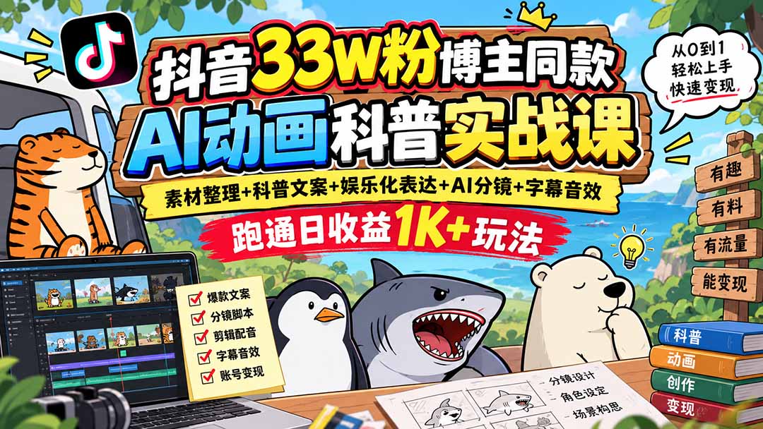 抖音33W粉博主同款AI动画科普实战课｜素材整理+科普文案+娱乐化表达+AI分镜+字幕音效，跑通日收益1K+玩法-资源后花园