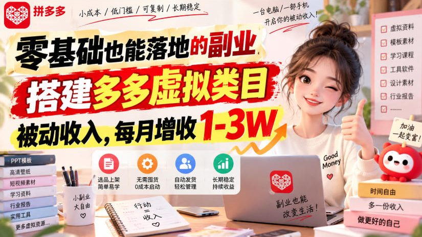 零基础也能落地的副业，搭建多多虚拟类目被动收入，每月增收1-3W【揭秘】-资源后花园