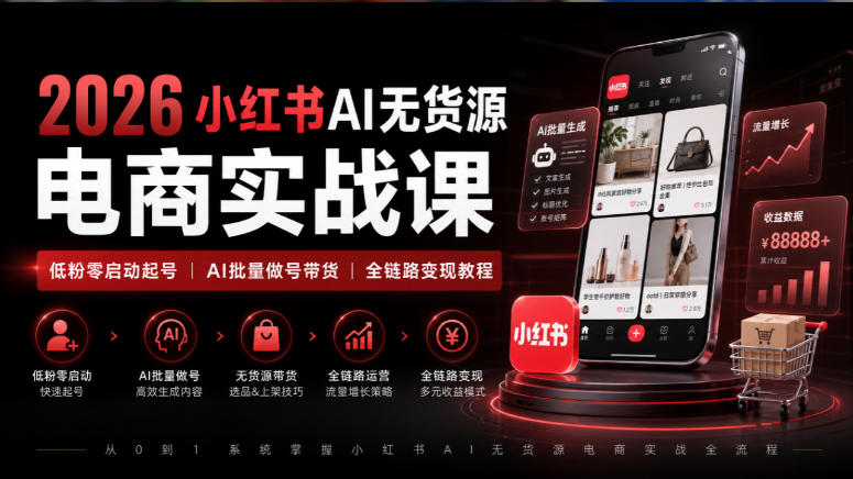 2026小红书AI无货源电商实战课｜低粉零启动起号｜AI批量做号带货全链路变现教程-资源后花园