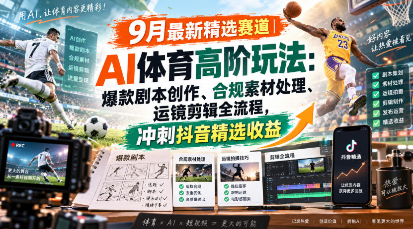 某大佬的9月最新精选赛道之AI体育顶级玩法，爆款剧本创作、版权规避、运镜剪辑全流程，稳拿抖音精选收益-资源后花园