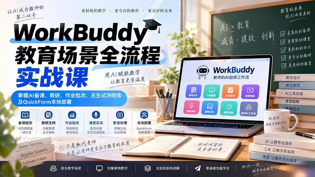 WorkBuddy教育场景全流程实战课：掌握AI备课、教研、作业批改、无生试讲陪练及QuickForm本地部署-资源后花园