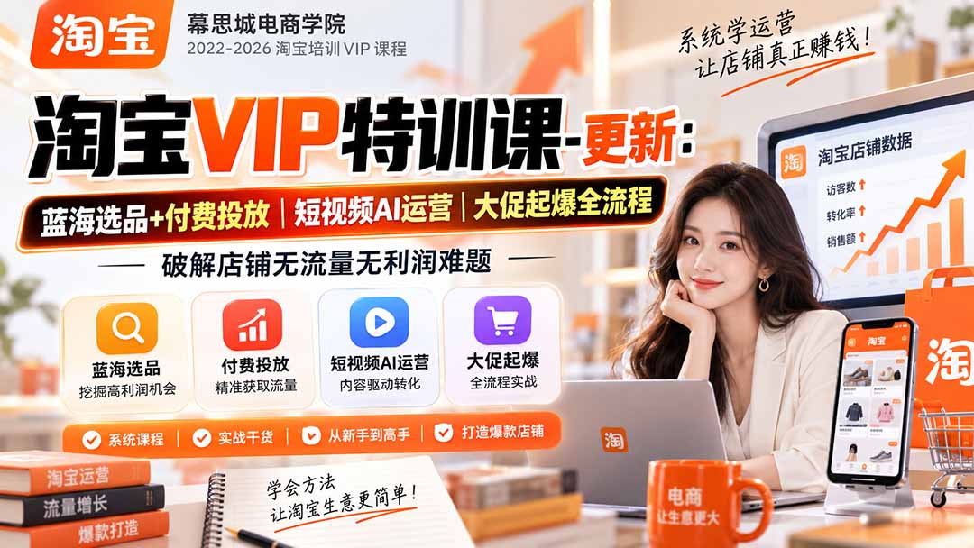 淘宝VIP特训课-更新0917：蓝海选品+付费投放｜短视频AI运营｜大促起爆全流程，破解店铺无流量无利润难题