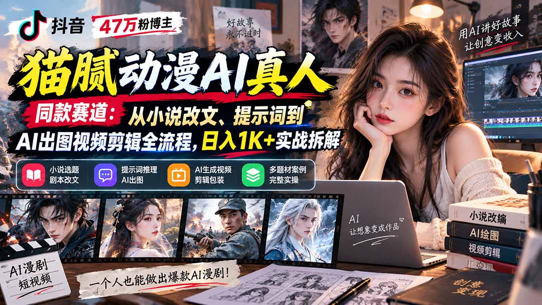 抖音47万粉博主猫腻动漫AI真人同款赛道：从小说改文、提示词到AI出图视频剪辑全流程，日入1K+实战拆解