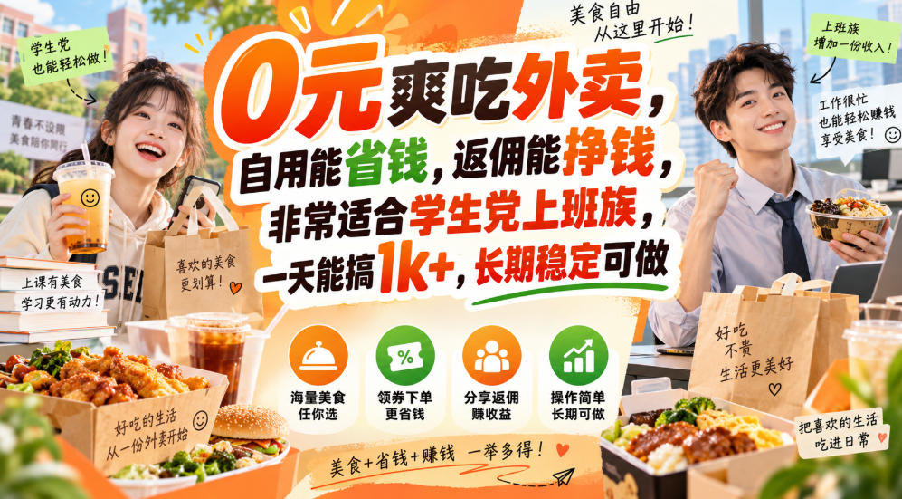 0元爽吃外卖,自用能省钱,返佣能挣钱,非常适合学生党上班族,一天能搞1k+,长期稳定可做-资源后花园