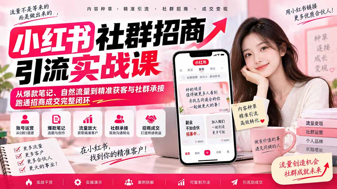 小红书社群招商引流实战课-无水印：从爆款笔记、自然流量到精准获客与社群承接，跑通招商成交完整闭环-资源后花园