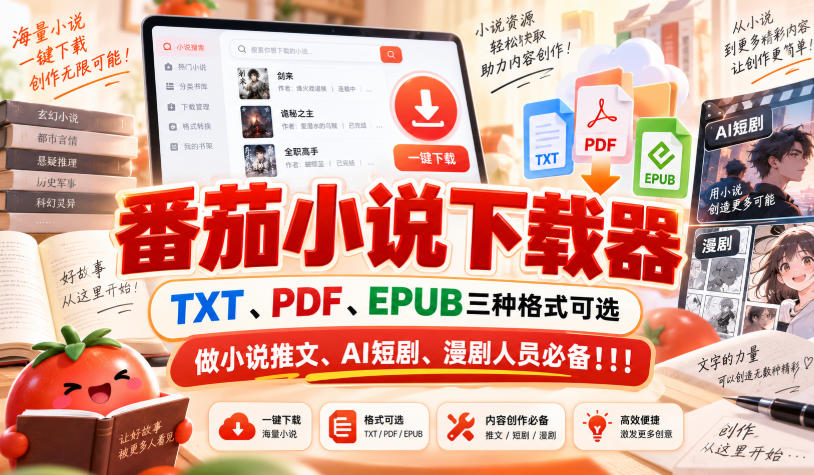 番茄小说下载器，TXT、PDF、EPUB三种格式可选，做小说推文、AI短剧、漫剧人员必备！！！-资源后花园