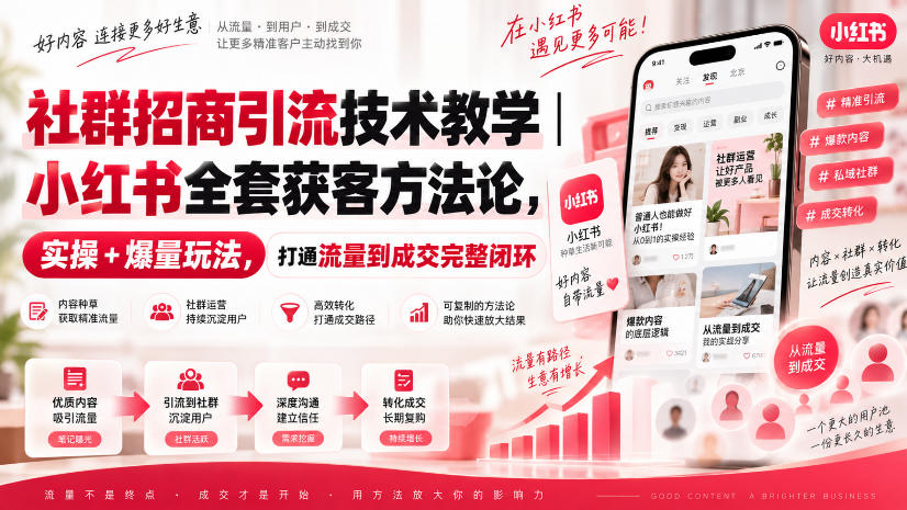 社群招商引流技术教学｜小红书全套获客方法论，实操+爆量玩法，打通流量到成交完整闭环-资源后花园